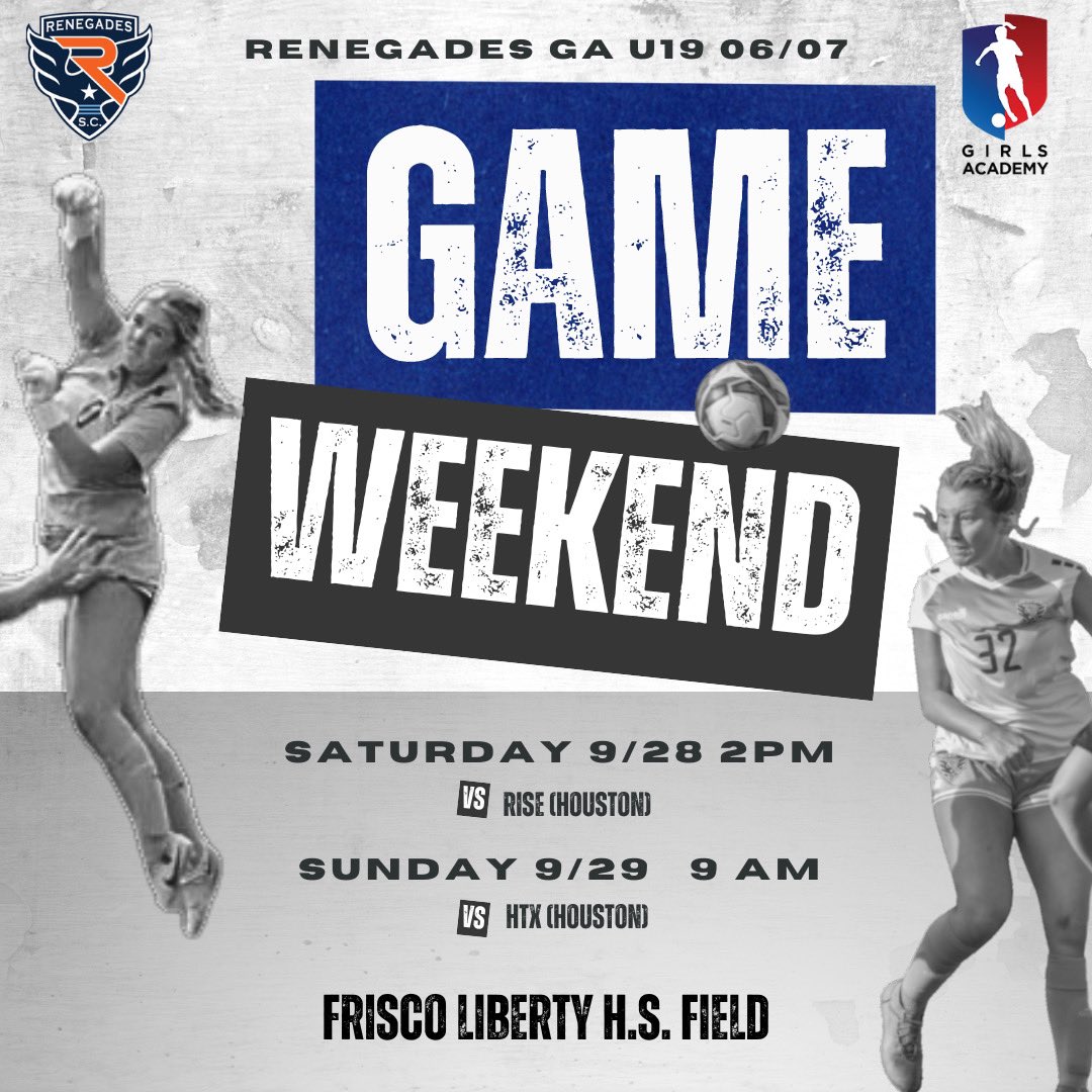 RenegadesGA_U19's tweet photo. Home turf matches this weekend! See you in Frisco! ⚽️🔥🧤

#renegadessoccerclub @GAcademyLeague #girlsacademyleague #northtexassoccer #soccerrecruiting #collegerecruiting @ImYouthSoccer @TopDrawerSoccer @PrepSoccer https://t.co/WI3N0161l5