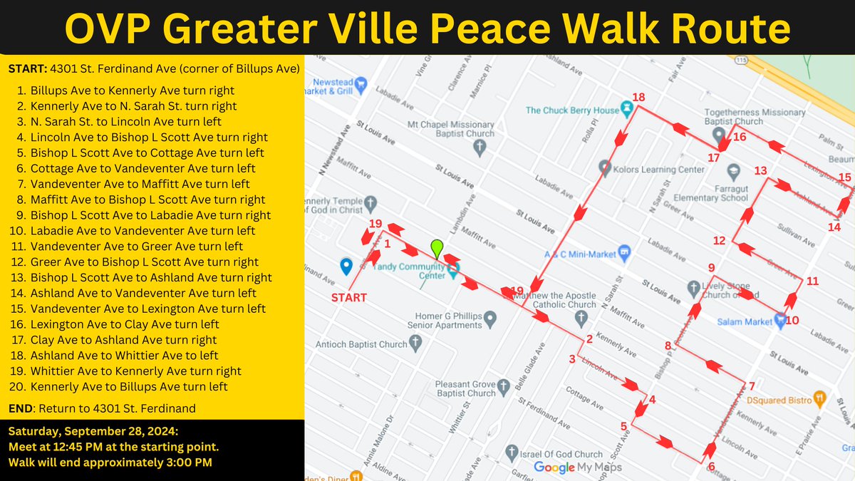 🕊️ Reminder: Greater Ville Peace Walk is tomorrow!
⏰ Meet at 12:45 PM @ 4301 St. Ferdinand Ave (St. James AME Church).
Rain or shine, we walk. 🏃‍♀️💛 Ending with a healing circle + food truck!
#PeaceWalk #GreaterVille #CommunityHealing