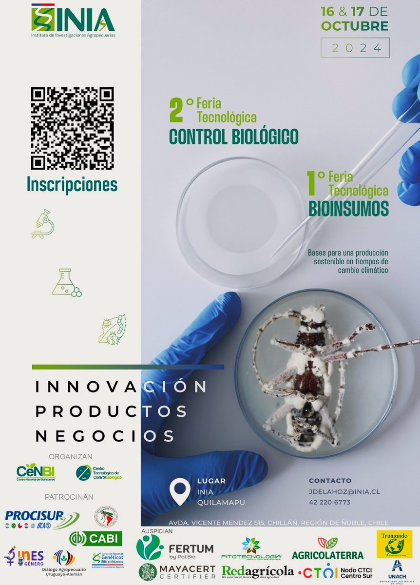 radioisadorafm's tweet image. Durante 2 días Chillán será capital mundial del Control Biológico y de  Bioinsumos.Principales científicos y especialistas del orbe se reunirán en INIA
Quilamapu entre el 16 y 17 de octubre, en la 2a Feria Tecnológica de Control Biológico y la 1ª Feria Tecnológica de Bioinsumos.