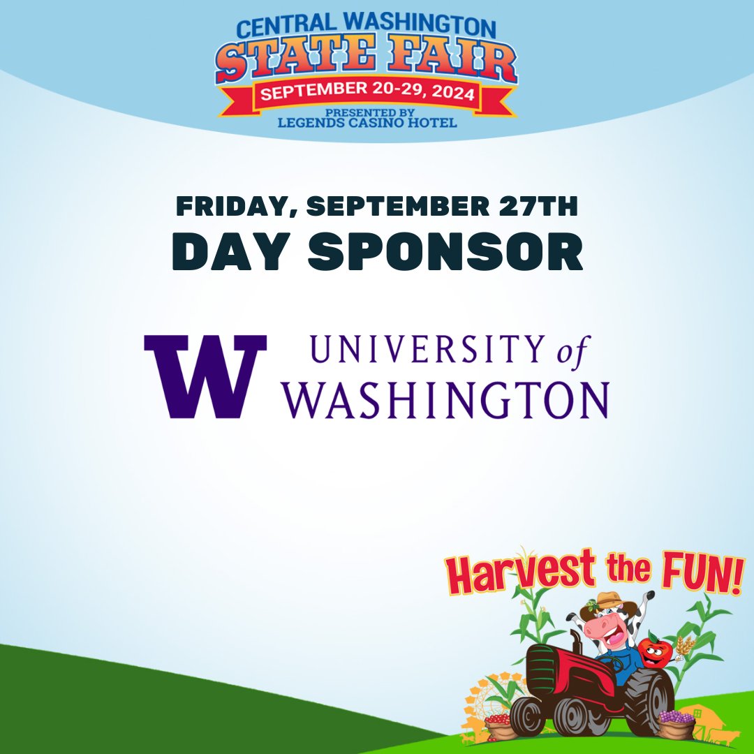 Thank you, University of Washington for sponsoring Friday, September 27th!🎟️🎡
 
Visit the University of Washington team inside the main entry gate!!💜💛

Fair Hours: Noon-11pm   |   Carnival Wristbands: $45   |   Carnival Hours: Noon-11pm