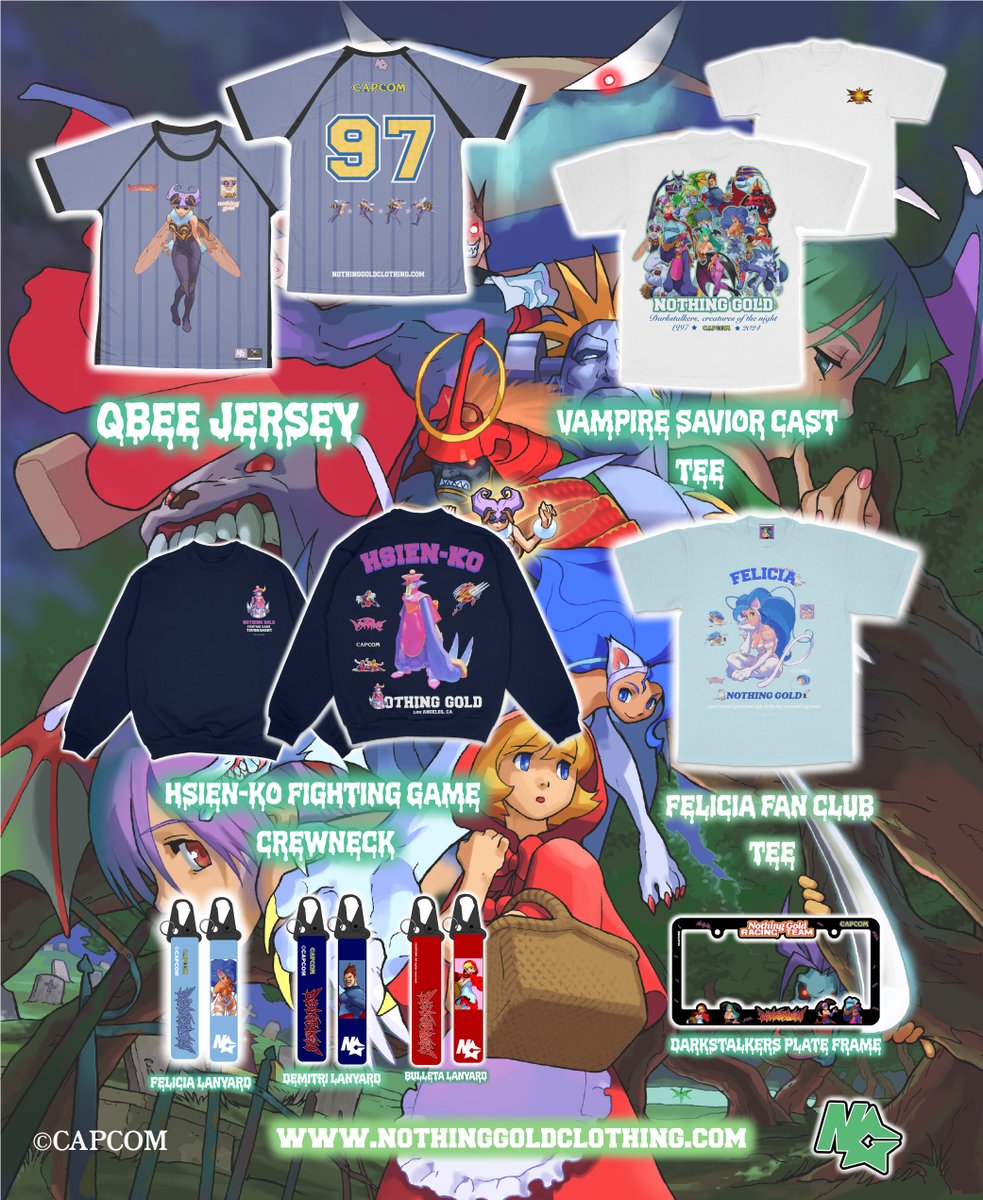 CapcomUSA_'s tweet image. Part 2 of the Nothing Gold x Darkstalkers collaboration is available now! Scratch that itch for more merchandise and shop shirts, lanyards and more using the link below!

🐈 NothingGoldClothing.com!