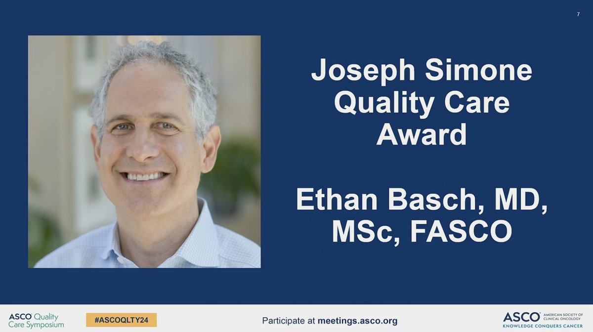 "On the Verge of a Golden Age in Quality Cancer Care"
Dr <a href="/EthanBasch1/">Ethan Basch</a> receives the Joe Simone Award <a href="/ASCO/">ASCO</a> #ASCOQLTY24 for his career developing the field of patient reported outcomes to improve patient-centered care.