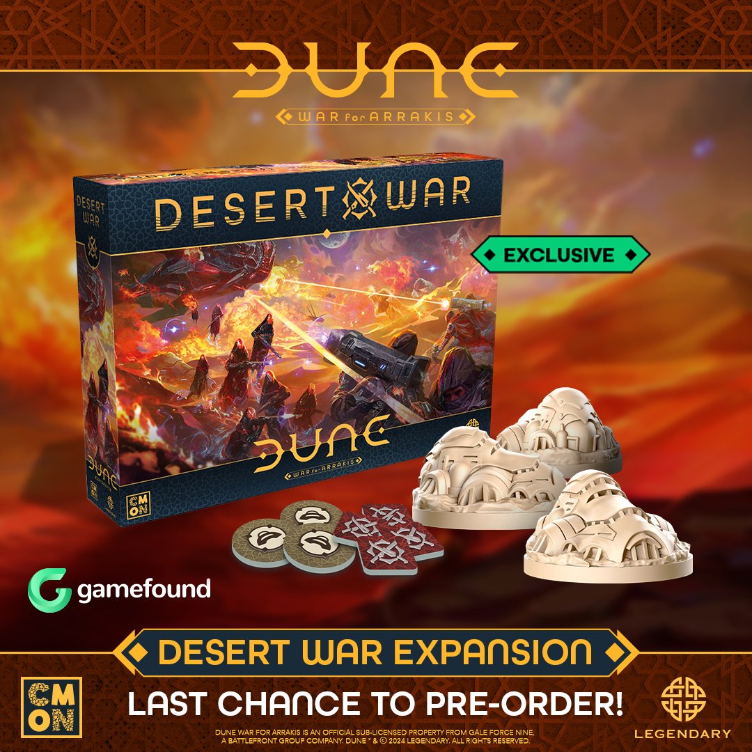 CMONGames's tweet photo. The pre-order for Dune: War for Arrakis and it's new expansion: Desert War is ending in just one week on October 4th. Claim the spice for your house while you still can!
https://t.co/tD00iQav8O
#Dune #WarForArrakis #DesertWar #CMONGames https://t.co/GaDfxf5mg3