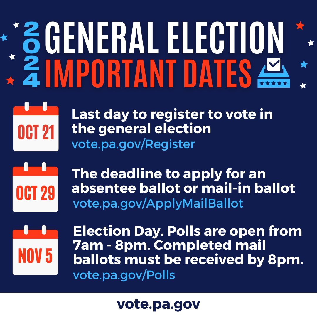RepDeasy's tweet photo. Just a reminder that we are less than a week away from the deadline to register to vote in the Nov. 5 general election. Below are important dates for registering to vote, mail-in ballots and voting. #makeaplan #vote2024 #itsyourright https://t.co/QsnRKDIxiZ