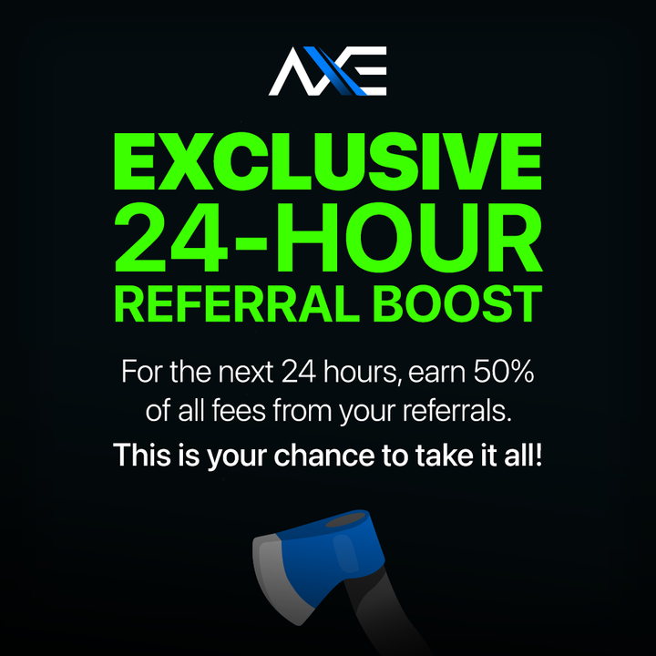 tradeaxecap's tweet photo. 💰 AXE REFERRAL BOOST 💰

Earn 50% of all fees from anyone you refer for the next 24h!

How many friends can you onboard to the greatest 1000x leverage experience ever created?

Sign up and refer/trade now:
https://t.co/RGFVApzzMI