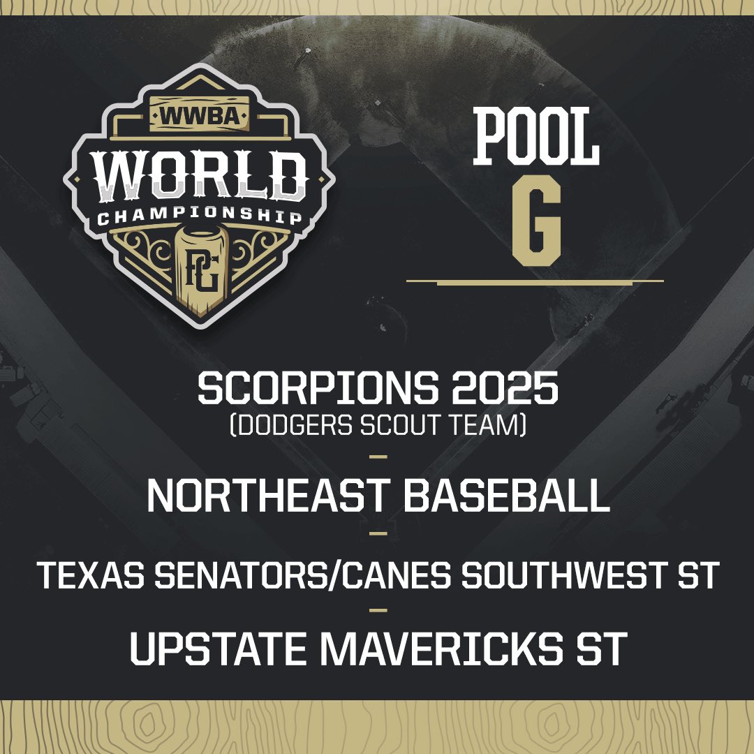 Perfect Game Tournaments (@pg_tourney) on Twitter photo <a href="/CBABaseballUSA/">CBA Baseball</a> <a href="/ftbteams/">ftbteams</a> <a href="/PGIASelect/">Iowa Select Baseball</a> <a href="/Sandlot_Tulsa/">Sandlot Baseball</a> 𝗣𝗢𝗢𝗟 𝗚
Scorpions 2025 Dodgers Scout Team
Northeast Baseball
Texas Senators/Canes Southwest ST
Upstate Mavericks ST
𝗣𝗥𝗘𝗩𝗜𝗘𝗪 ✍🏼: bit.ly/4ex6fFq // #WWBAWorlds <a href="/CBABaseballUSA/">CBA Baseball</a> <a href="/ftbteams/">ftbteams</a> <a href="/PGIASelect/">Iowa Select Baseball</a> <a href="/Sandlot_Tulsa/">Sandlot Baseball</a> 𝗣𝗢𝗢𝗟 𝗚
Scorpions 2025 Dodgers Scout Team
Northeast Baseball
Texas Senators/Canes Southwest ST
Upstate Mavericks ST
𝗣𝗥𝗘𝗩𝗜𝗘𝗪 ✍🏼: bit.ly/4ex6fFq // #WWBAWorlds