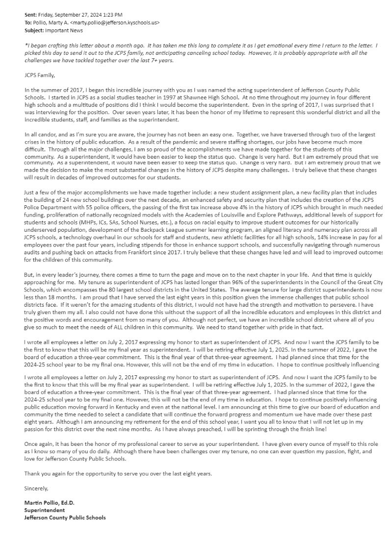 Here’s <a href="/JCPSKY/">JCPS</a> Superintendent Marty Pollio’s letter today announcing he’s retiring after this school year <a href="/wave3news/">WAVE</a>