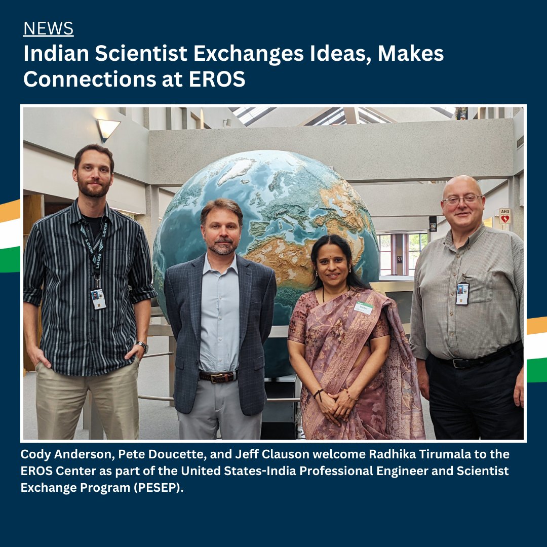 USGS_EROS's tweet image. Radhika Tirumala will return to #India&apos;s National Remote Sensing Centre (@isro) with new ideas and friendships forged during her PESEP exchange at EROS. She enjoyed in-depth conversations about #SensorAccuracy and #AnalysisReadyData! Read more here: ow.ly/Tepw50Txk0o