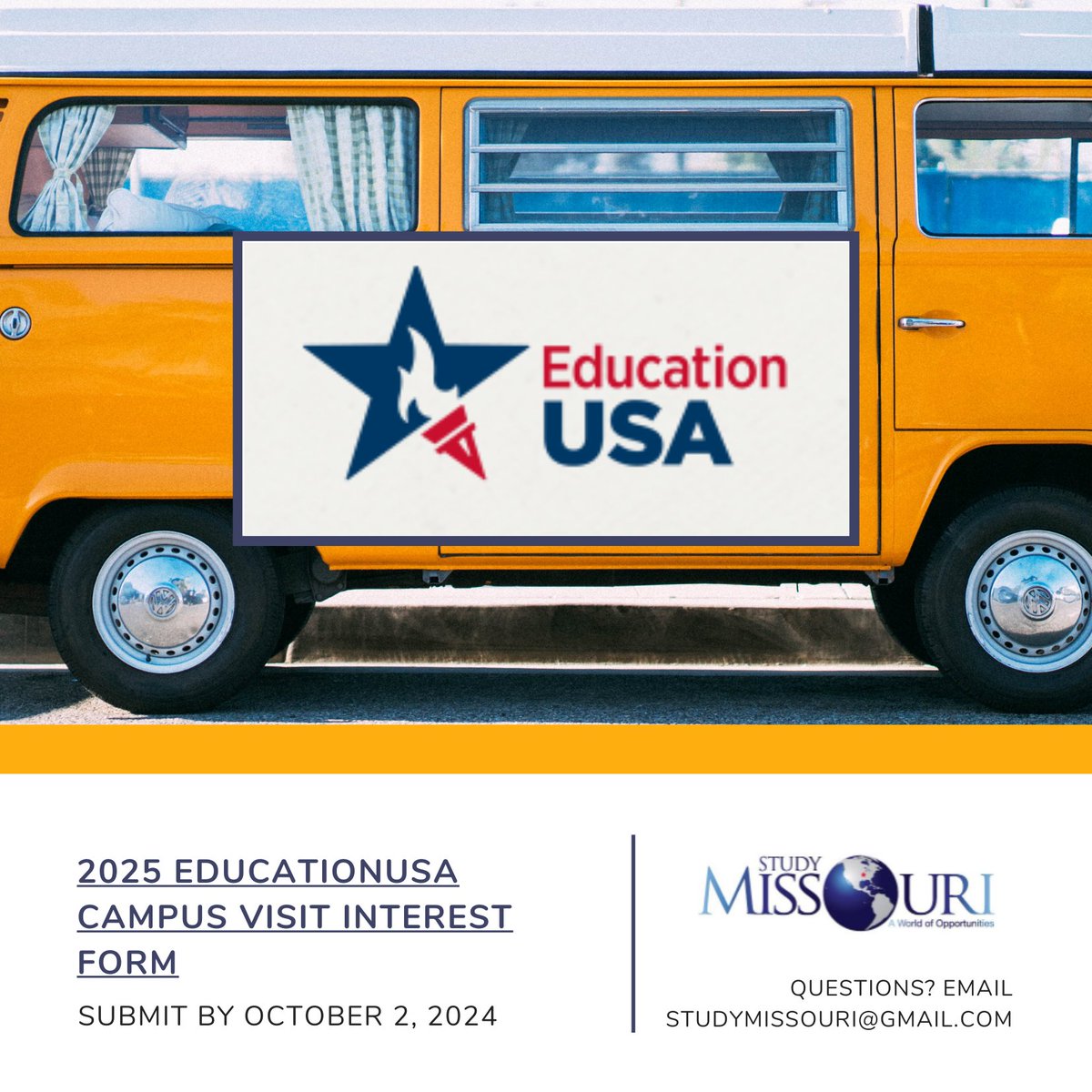 StudyMissouri's tweet photo. If your institution is interested in being part of a tour for EducationUSA advisers hosted by Study Missouri, please fill out the form at https://t.co/H0DQmnZR6K by October 2, 2024! https://t.co/vCRm4FtZqQ