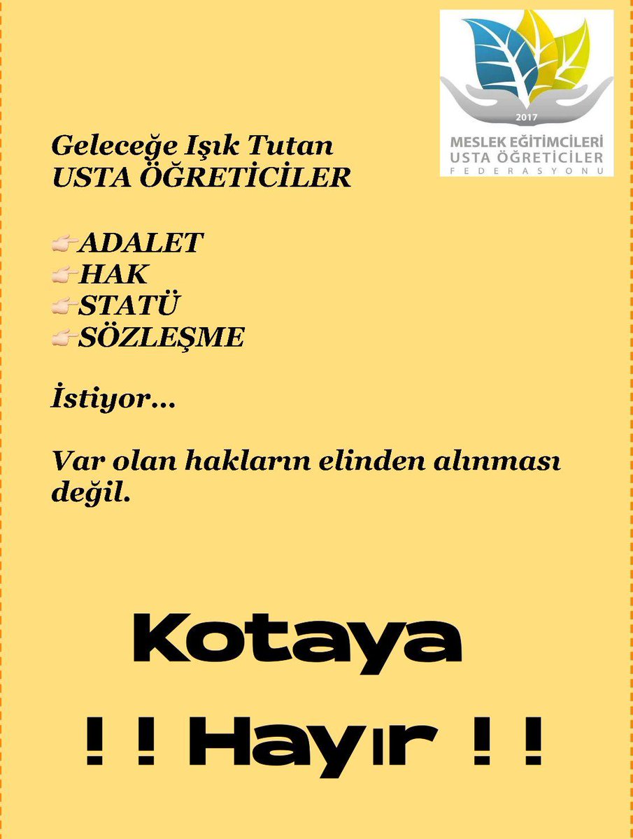 Tüm Zorlu süreçlerde sahaya ilk çıkan  biz Usta öğreticiler  Devletimizden kota engelini kaldırarak özlük haklarımızın vermesini bekliyoruz .🇹🇷🇹🇷🇹🇷
<a href="/RTErdogan/">Recep Tayyip Erdoğan</a> 
<a href="/Yusuf__Tekin/">Yusuf Tekin</a> 
<a href="/mebhbogm/">MEB Hayat Boyu Öğrenme Genel Müdürlüğü</a> 
<a href="/cengizmete/">Cengiz Mete</a>

#HayatBoyuSınıftaKaldı 
USTA ÖĞRETİCİLER