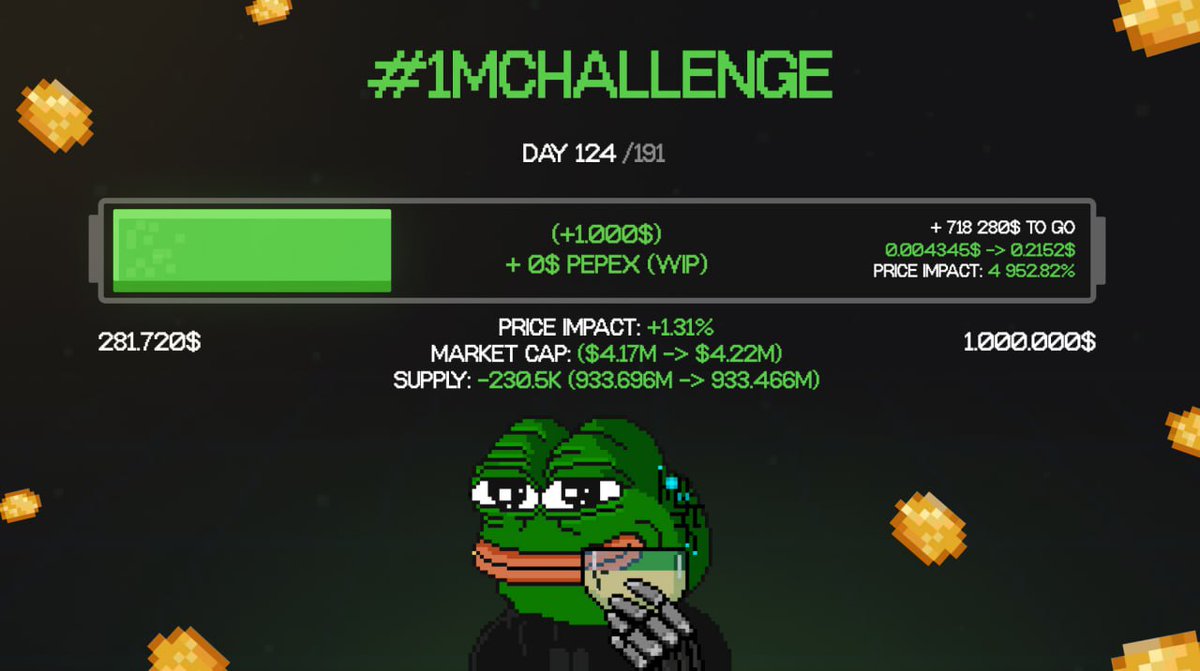 nextgenpepe's tweet photo. #1MCHALLENGE 3244

✔️ Day 124 — 1000$ 

✔️ #PEPEX — 0$ (WIP) https://t.co/29CLGEgzrR