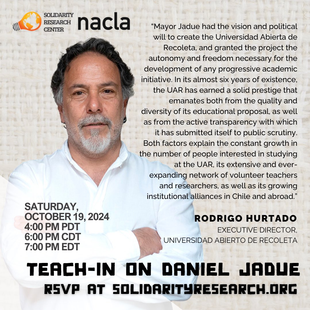 angelenosforall's tweet photo. Join us on Saturday, October 19th at 4 PM PDT/6 PM CDT/7 PM EDT to learn about the radical municipalist initiatives Daniel Jadue implemented in Recoleta, Chile and how the global municipalist movement can rally for his freedom.

RSVP at https://t.co/HI4b984qKo https://t.co/dBi3h70f14