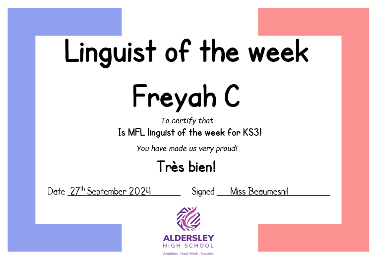 PereaMiss's tweet photo. Well done to our "Linguists of the week". You are amazing! 🇫🇷🇪🇸💪@AldersleyHighSc @AldersleyTeam10 @AldersleyTeam8 @AldersleyTeam9 https://t.co/V4JgW4hYss