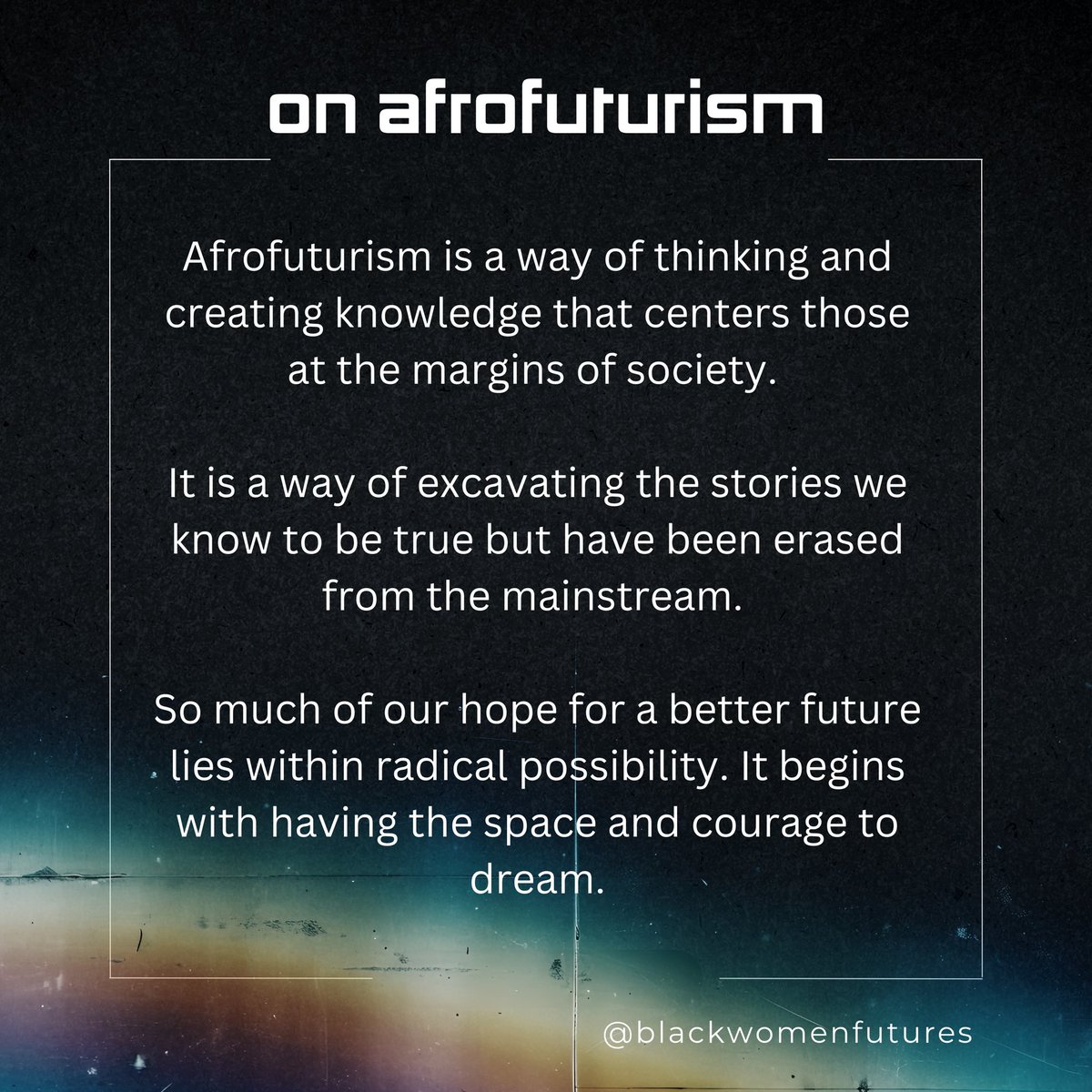 TanishaHillJ's tweet image. Afrofuturism is a way of thinking &amp;amp; creating knowledge that centers those at the margins of society. It is a way of excavating the stories we know to be true but have been erased from the mainstream. 

Join me Oct 3 in collaboration with @SoBlackNeuro &amp;amp; @BlackInGeron.
