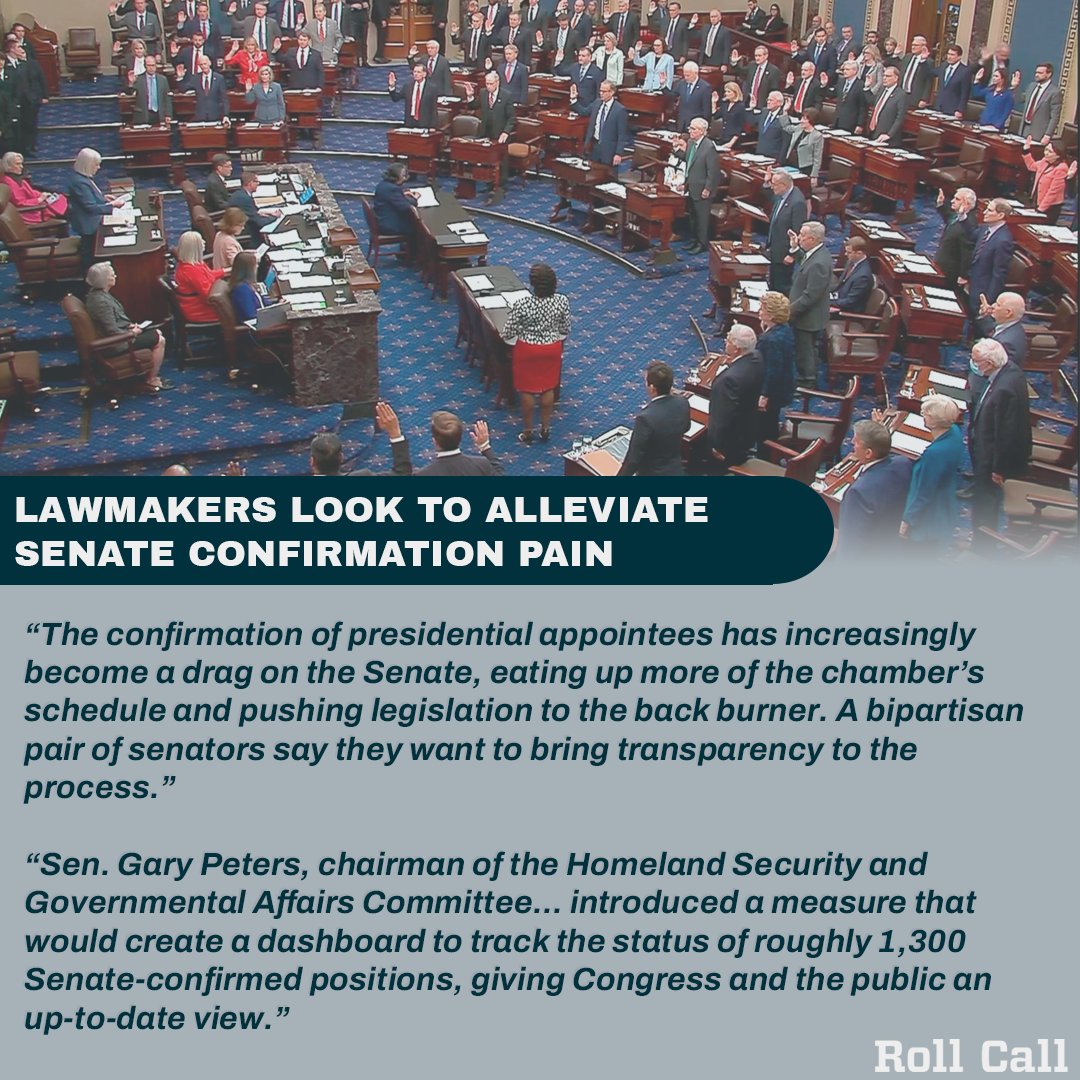 Homeland Security & Govt. Affairs Committee — Dems (@hsgac) on Twitter photo Currently, the Senate spends more time voting on nominations than legislation.
Chairman <a href="/SenGaryPeters/">Senator Gary Peters</a>' bill to create a public dashboard to track Senate-confirmed positions and reduce the backlog of vacancies is heading to the Senate floor! Currently, the Senate spends more time voting on nominations than legislation.
Chairman <a href="/SenGaryPeters/">Senator Gary Peters</a>' bill to create a public dashboard to track Senate-confirmed positions and reduce the backlog of vacancies is heading to the Senate floor!