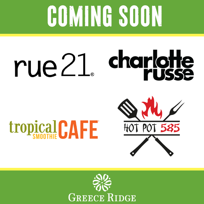 COMING SOON: rue 21, Charlotte Russe, Tropical Smoothie Cafe and Hot Pot 585

The additions will enhance the variety of dining and fashion options available to guests at The Mall at Greece Ridge.

📰bit.ly/3TNsrTv