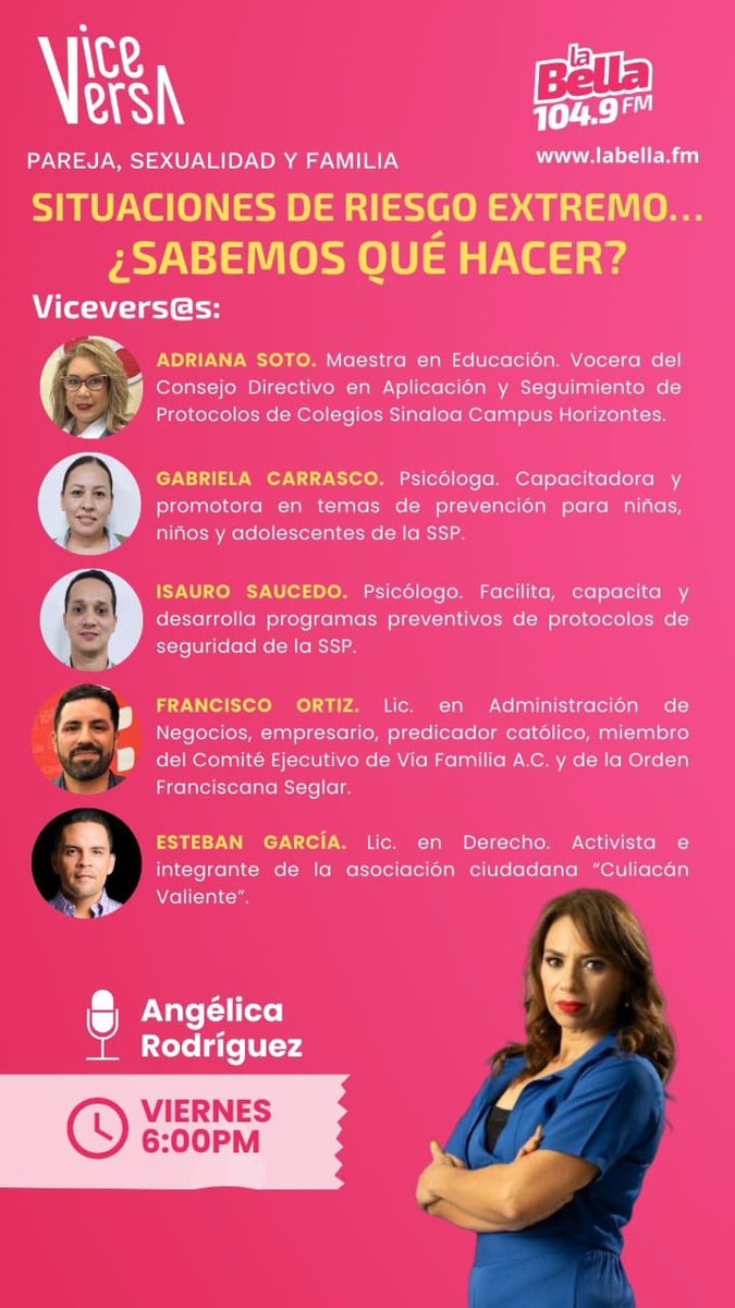 La Secretaría de Seguridad Pública a través de la Dirección de Programas Preventivos y en colaboración con el programa Viceversa de la estación La Bella 104.9 te invita a sintonizarnos este viernes 27 de septiembre en punto de las 6:00 p.m. 
<a href="/sspsinaloa1/">Seguridad Pública Sinaloa</a>