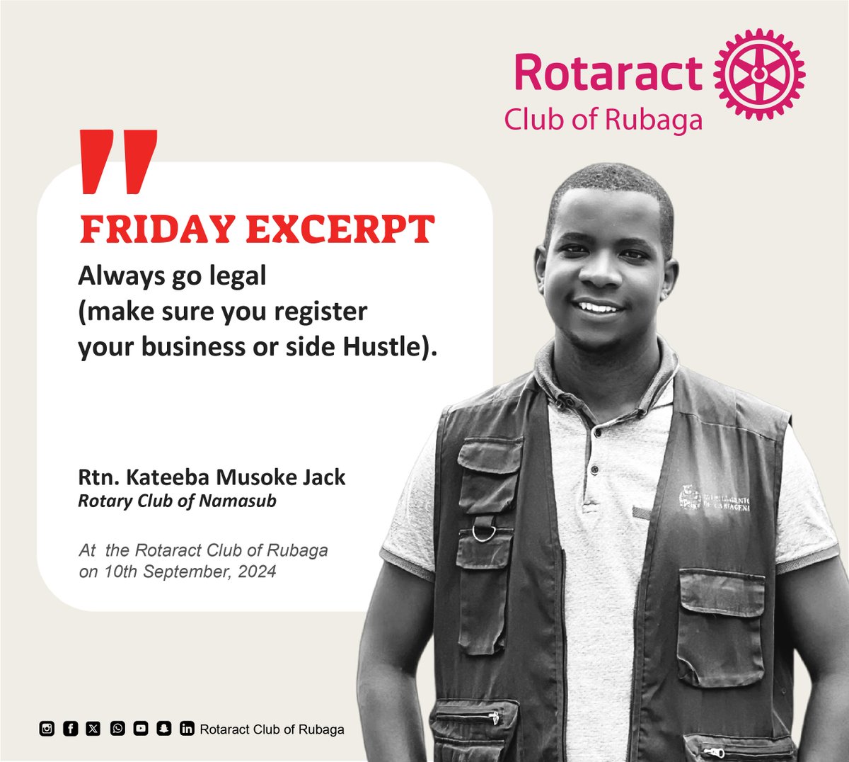 RotaractRubaga's tweet photo. π EXCERPT FRIDAY π
In today's episodes, we look back at KATEEBA MUSOKE J's insights; at Rotaract club of Rubaga, on Tuesday,10th September 2024.
#PRTeam
#TheElites
#FridayExcerpt
#TheRubagaWay
Rotaract Club of Rubaga
info@rotaractrubaga.org
publicimage@rotaractrubaga.org https://t.co/Z8bWtyulvp