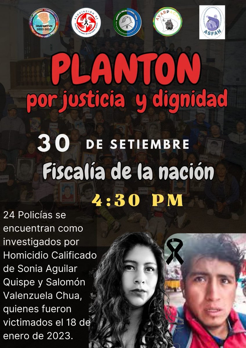 RedMuqui's tweet photo. Este lunes 30 se realizará una audiencia sobre el caso de los asesinatos de Salomón Valenzuela y Sonia Aguilar.
Hay 24 miembros de la Policía investigados como coautores del delito.
Familiares de víctimas de la represión de #Boluarte convocan a un plantón frente a @FiscaliaPeru https://t.co/1ddWbmEcTC