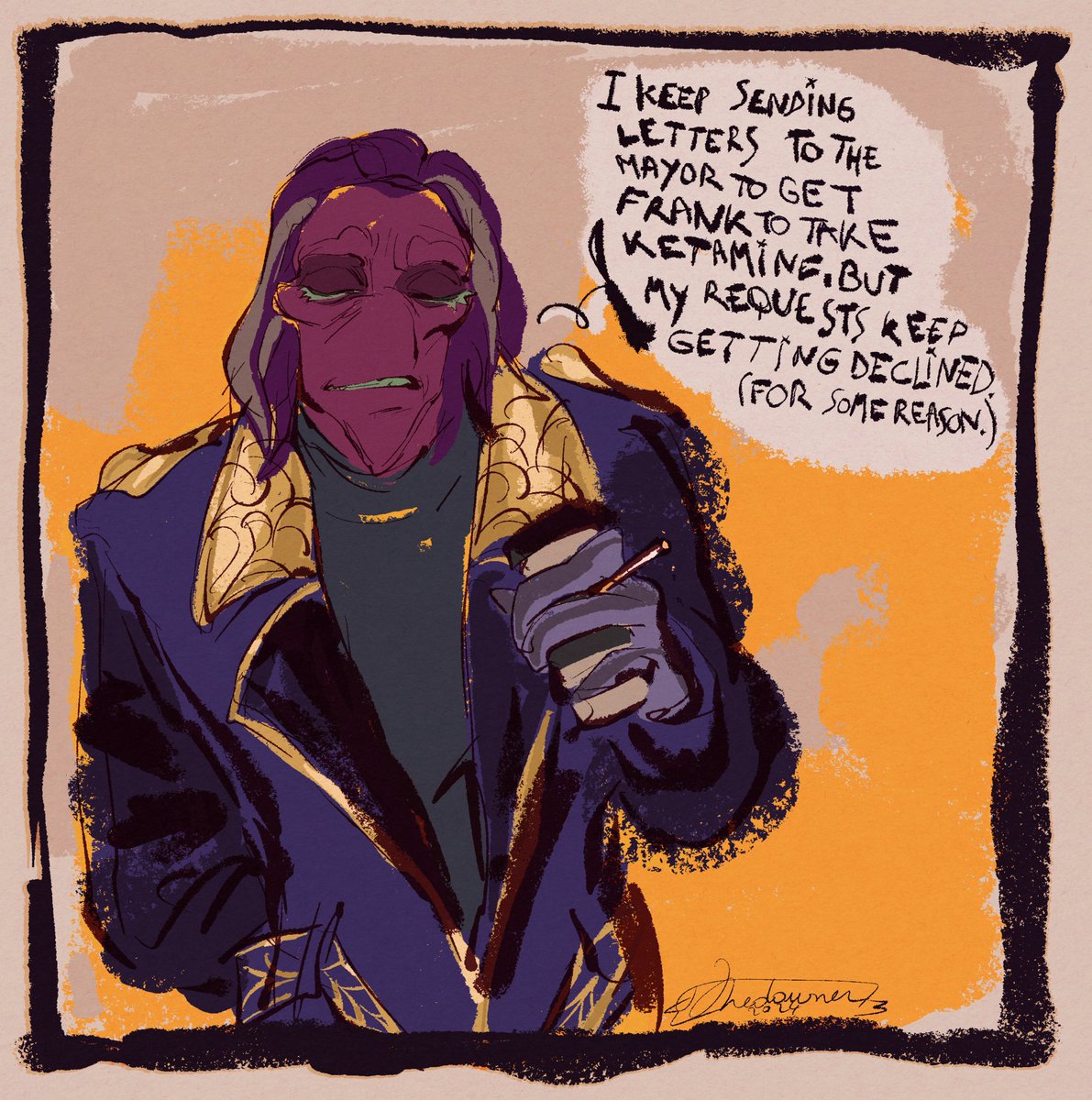 Thrax is terribly bored. A year later Frank and Shane will be attending  some relative's wedding and, meanwhile, Drix and Ozzy have to hold Thrax  down from pressing the emergency puke button., image size:1191x1200