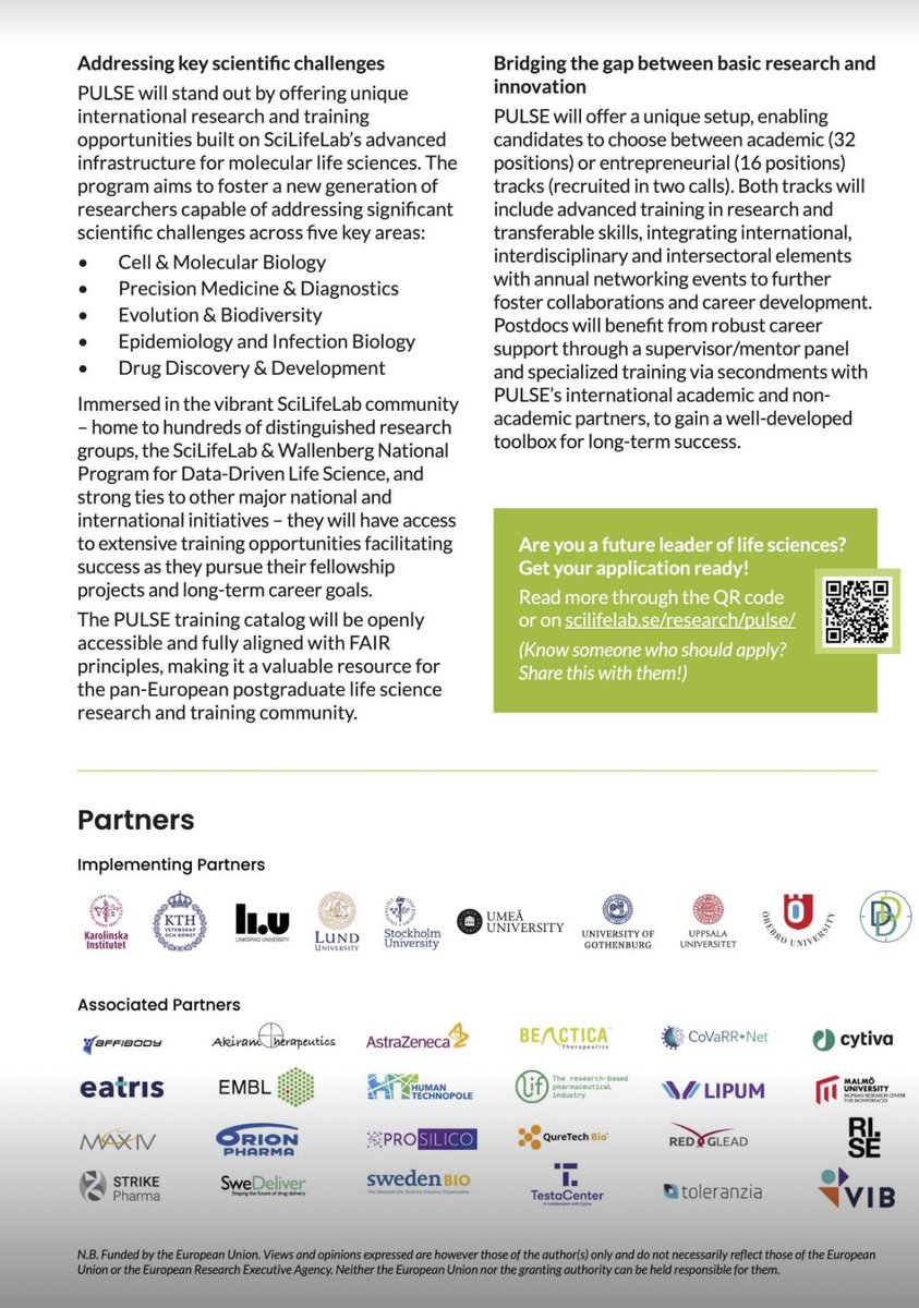 vasanthanathan's tweet image. Are you or someone you know looking for the next step in your research career? SciLifeLab PULSE is a prestigious postdoc program connecting brilliant researchers with incredible opportunities in academia and industry.
#SciLifeLab #PULSE #DDD #PostDoc #comchem #nmr #Sweden
