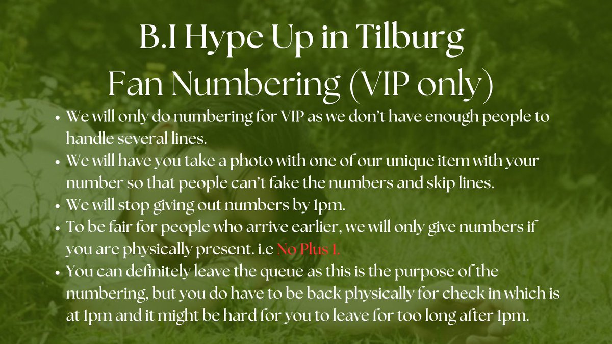 HanbinNL's tweet image. Dear 🆔s! 

We have decided to organize a numbering system for Tilburg show. 
We are doing this to ensure a respectful and peaceful environment for everyone involved so please respect the line and have so much fun at the concert. 🫶🏻 

 #HYPEUPinTILBURG #BI #비아이 #김한빈