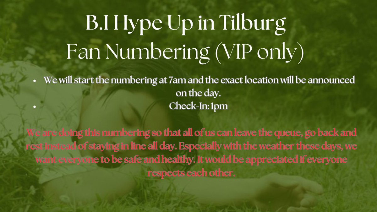 HanbinNL's tweet image. Dear 🆔s! 

We have decided to organize a numbering system for Tilburg show. 
We are doing this to ensure a respectful and peaceful environment for everyone involved so please respect the line and have so much fun at the concert. 🫶🏻 

 #HYPEUPinTILBURG #BI #비아이 #김한빈