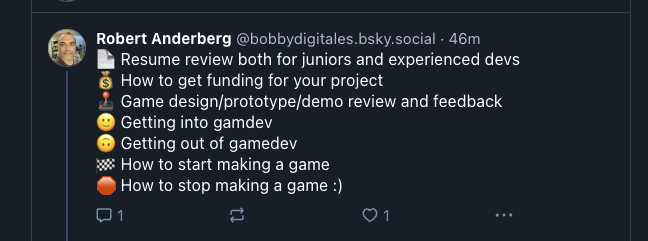 bobbydigitales's tweet photo. Hey! I'm doing free gamedev mentoring over on the butterfly app! Link in the reply. Please RT if you know someone who would like any of these: https://t.co/ISORyqryaL