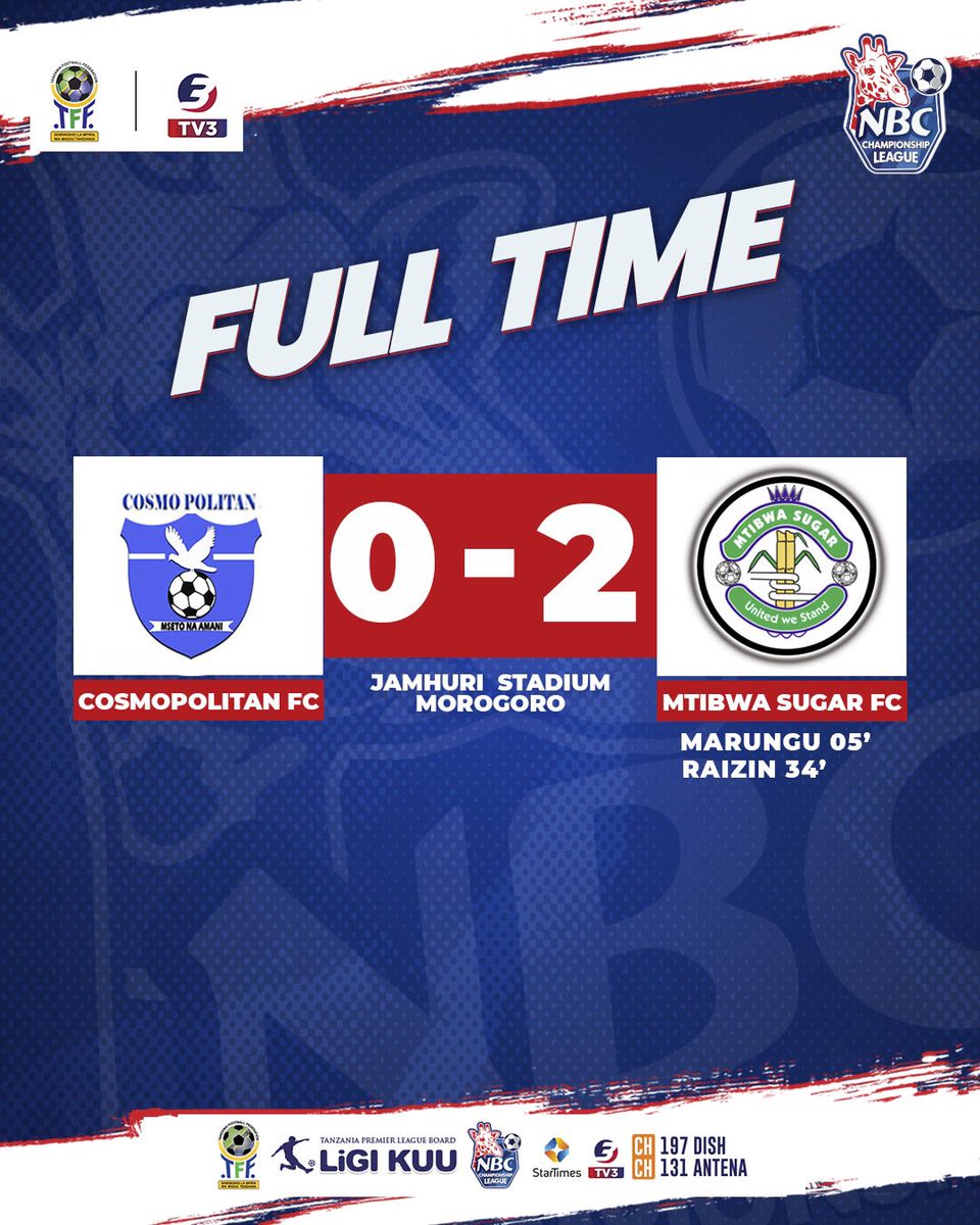 #FT: @cosmopolitanfootballclub 0-2 <a href="/mtibwaofficial/">Mtibwaofficial</a> hapa katika uwanja wa Jamhuri Morogoro.

<a href="/championship_tz/">NBC Championship League 🇹🇿</a> 
<a href="/Tanfootball/">TFF TANZANIA</a> 
<a href="/NBCTanzania/">NBCTanzania</a> 

#Tv3Tanzania Katika kisimbuzi cha #startimestz CH 131 (Antena) na CH 197 (Dish)

#Tv3Tanzania #GameOn