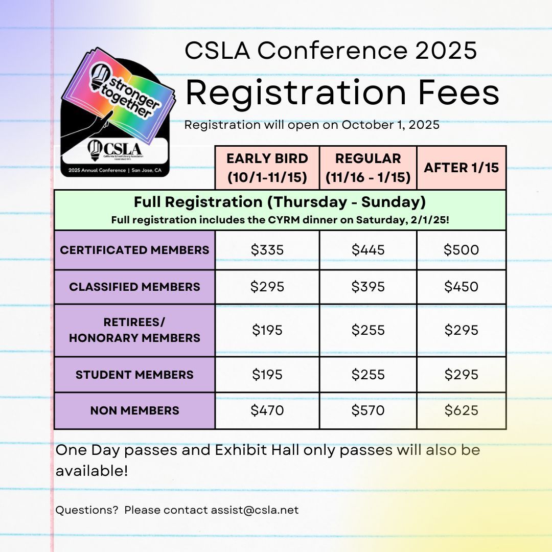 CSLA (@4csla) on Twitter photo Save the date! CSLA Conference registration opens on Tuesday, October 1. 🔖 #4CSLA #StrongerTogether #ProfDev #SchoolLibraries #CaliforniaLibraries #librariansofinstagram #mediaspecialistsofinstagram #schoollibrariesmatter #futurereadylibs Save the date! CSLA Conference registration opens on Tuesday, October 1. 🔖 #4CSLA #StrongerTogether #ProfDev #SchoolLibraries #CaliforniaLibraries #librariansofinstagram #mediaspecialistsofinstagram #schoollibrariesmatter #futurereadylibs