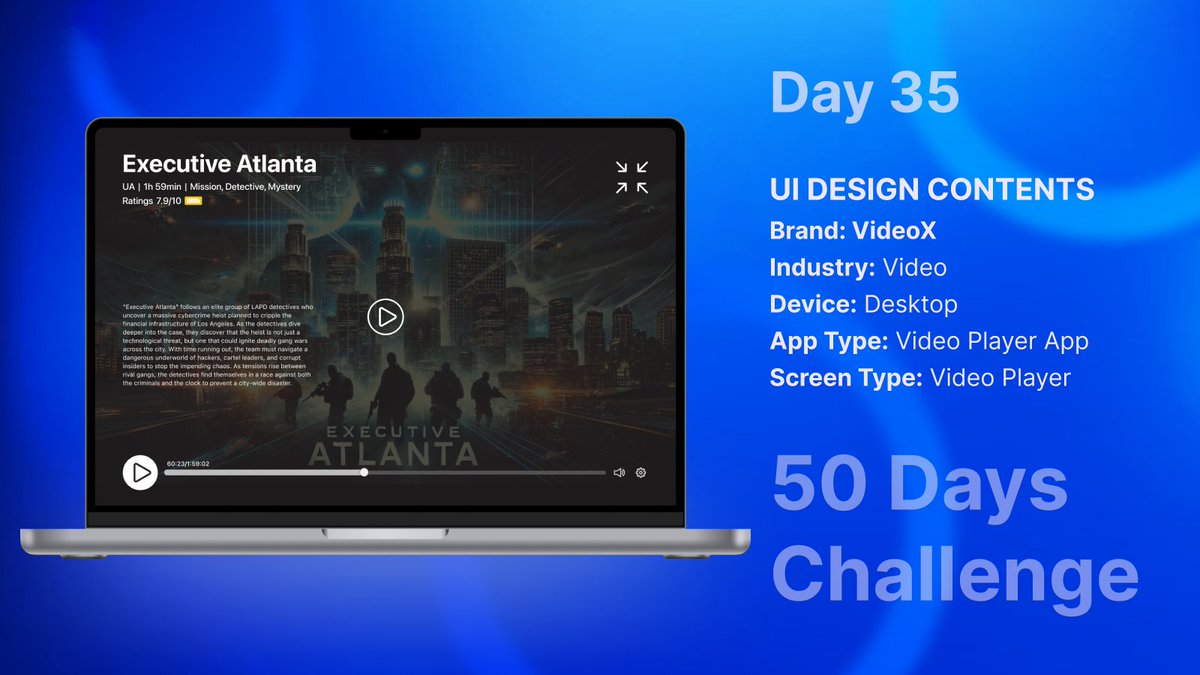 ashish1lexbaa's tweet image. Day 35 of my #50DaysUIChallenge! 🎬 Designed a sleek video player interface for a desktop app. 🚀 Excited to see how it&apos;s shaping up! #UIUX #VideoPlayer #AppDesign #UXDesign #MovieApp #TechDesign #VideoInterface #DesktopApp #DesignChallenge #VideoApp