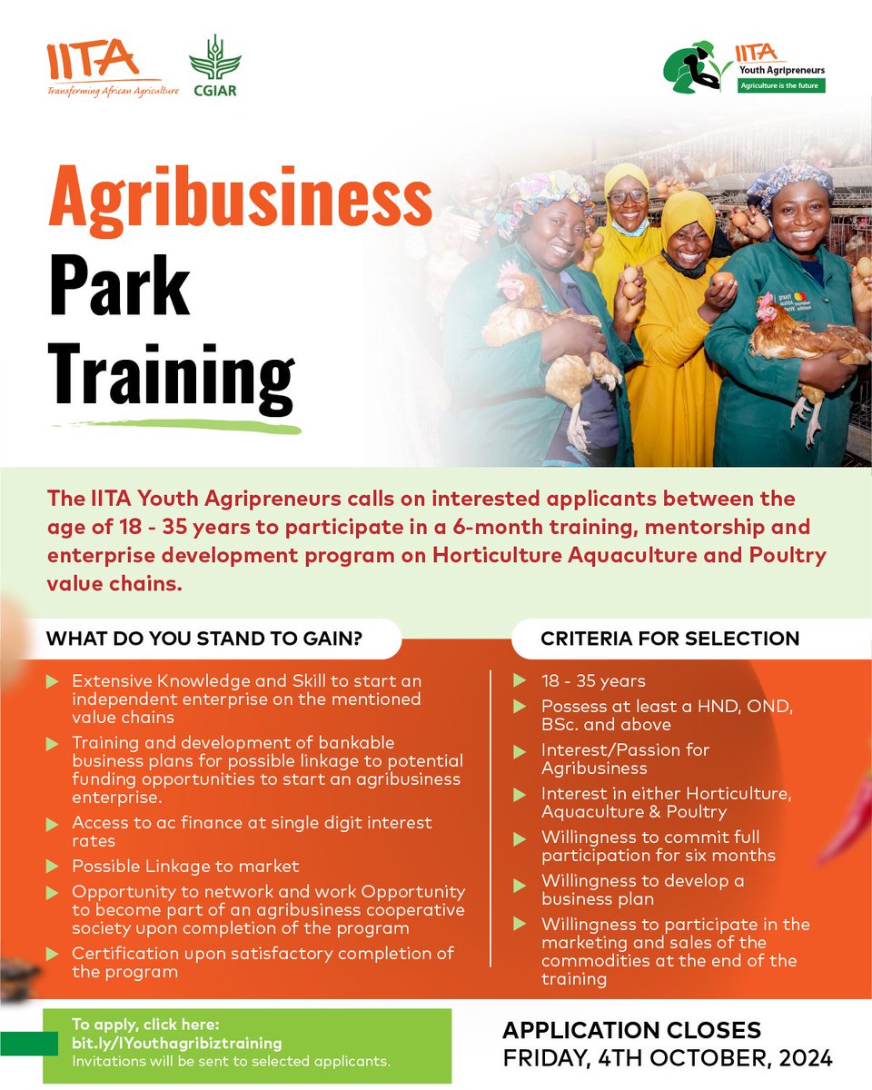 Are you 18-35 and passionate about #agribusiness? 

Apply for a 6-month #training, #mentorship, and enterprise development program in #Horticulture, #Aquaculture and #Poultry. 

Gain #skills, access #finance, #markets, and earn a certification!

Apply NOW: bit.ly/IYouthagribizt…