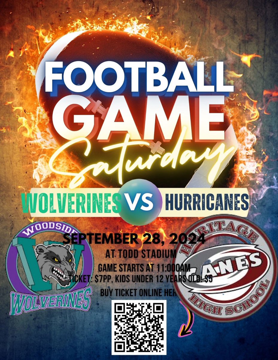 Tonight’s matchup against Heritage has been moved to tomorrow, Saturday, September 29th at 11:00am. Please come out and support as we take on the Hurricanes! #community #varsityfootball #vhsl #woodside