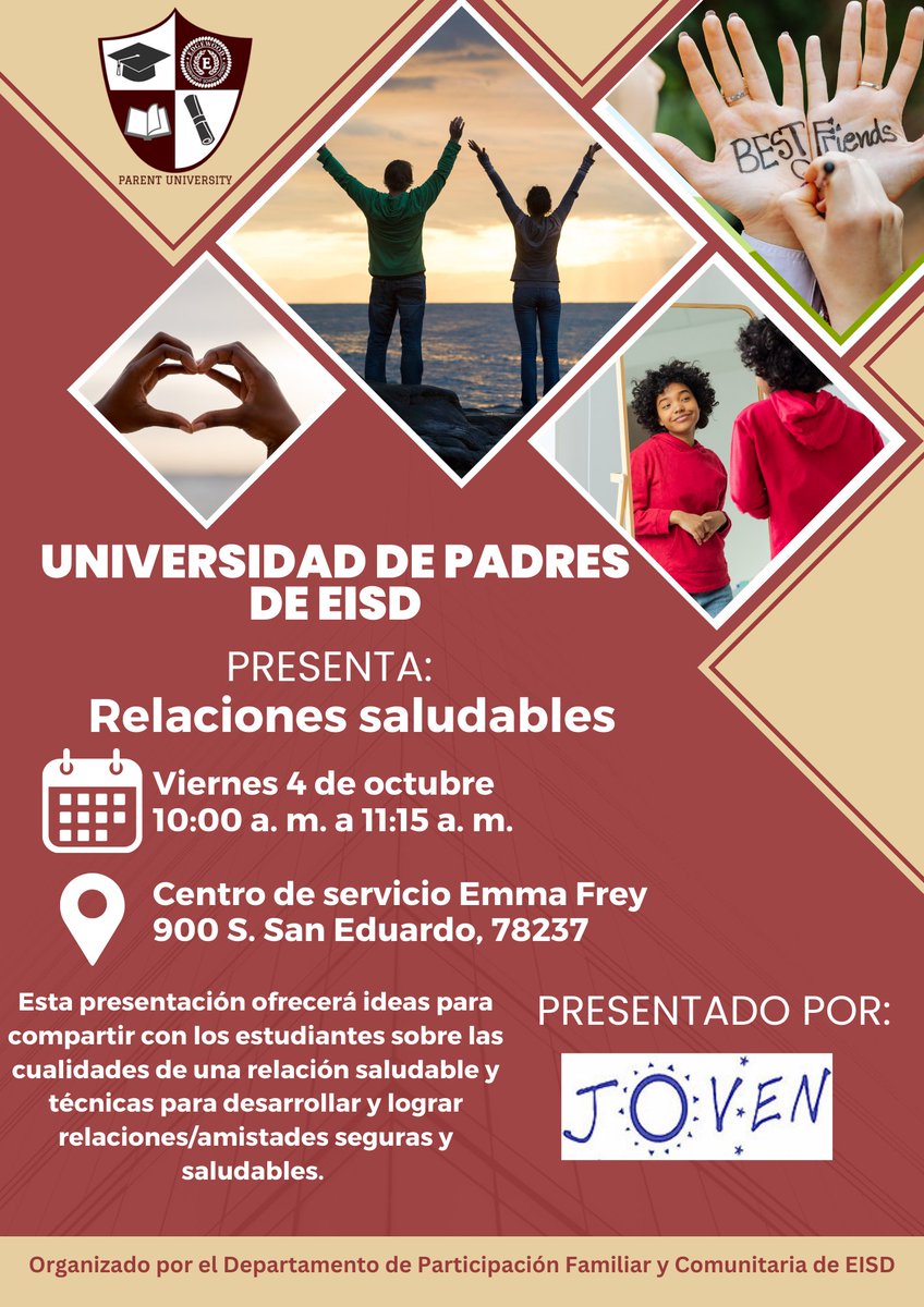 💬❤️ Join us for Parent University with JOVEN on Friday, Oct 4! Learn how to build healthy relationships with your kids &amp; family! RSVP 👉 forms.office.com/r/k8nxMnn0r0 #ParentUniversity #HealthyRelationships #EISD
