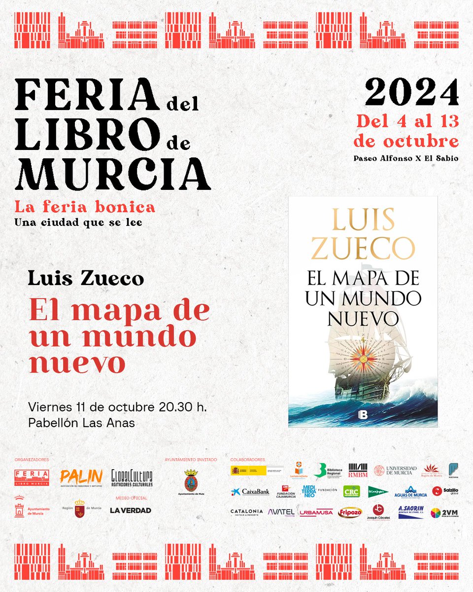 Compartimos  algunos autores que nos visitarán como Luis Zueco que acaba de publicar "El mapa de un mundo nuevo", segunda parte de su bilogía sobre Isabel la Católica tras "El tablero de la reina".

📅 11 de octubre 
⏰ 20.30h
📌 Pabellón "Las Anas"