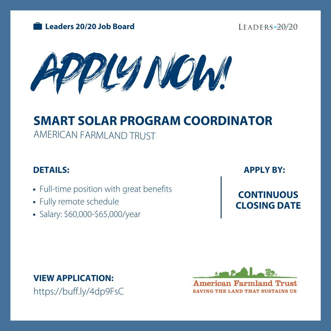 American Farmland Trust is hiring a Smart Solar Program Coordinator! 

Details: 
Full-time position with great benefits
Fully remote schedule
Salary: $60,000-$65,000/year 

Apply by: Continuous closing date

View application:
buff.ly/4dp9FsC