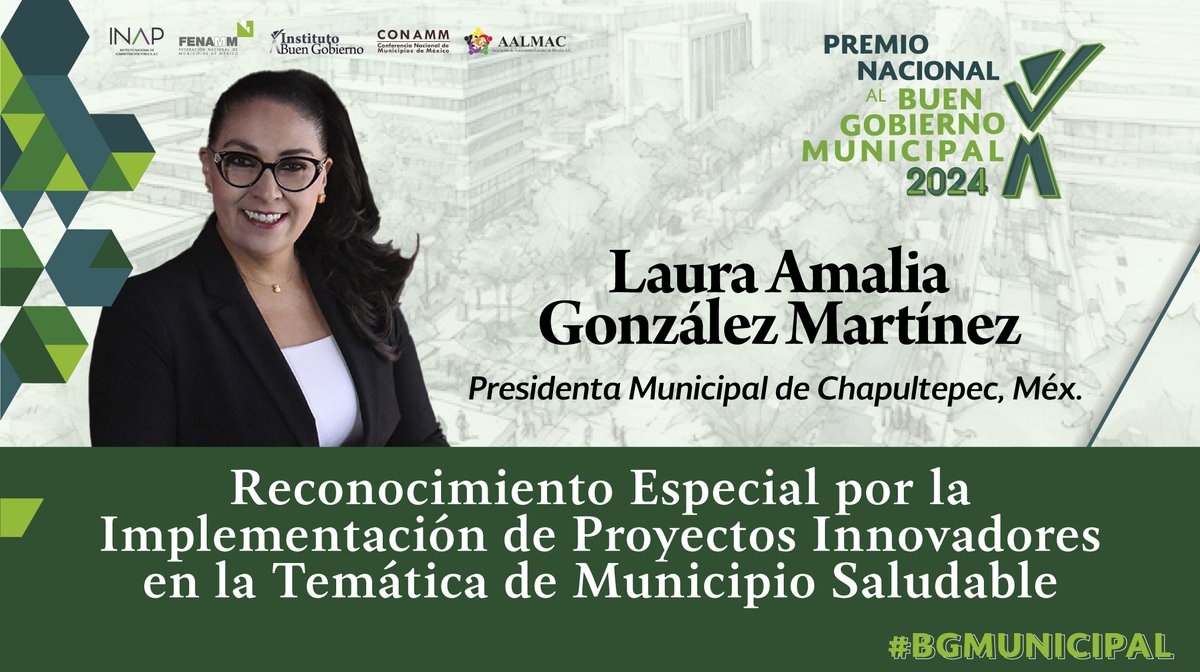 Alcaldesa de Chapultepec, Laura Amalia González
<a href="/Lauramaliagm/">Laura Amalia González Martínez</a>, es galardonada por implementar una estrategia integral como <Municipio Saludable>, por nuestro #PremioBGM

Se reconoce la exitosa implementación del <Proyecto Municipio Limpio, Ordenado y en Paz> 

¡Felicidades!