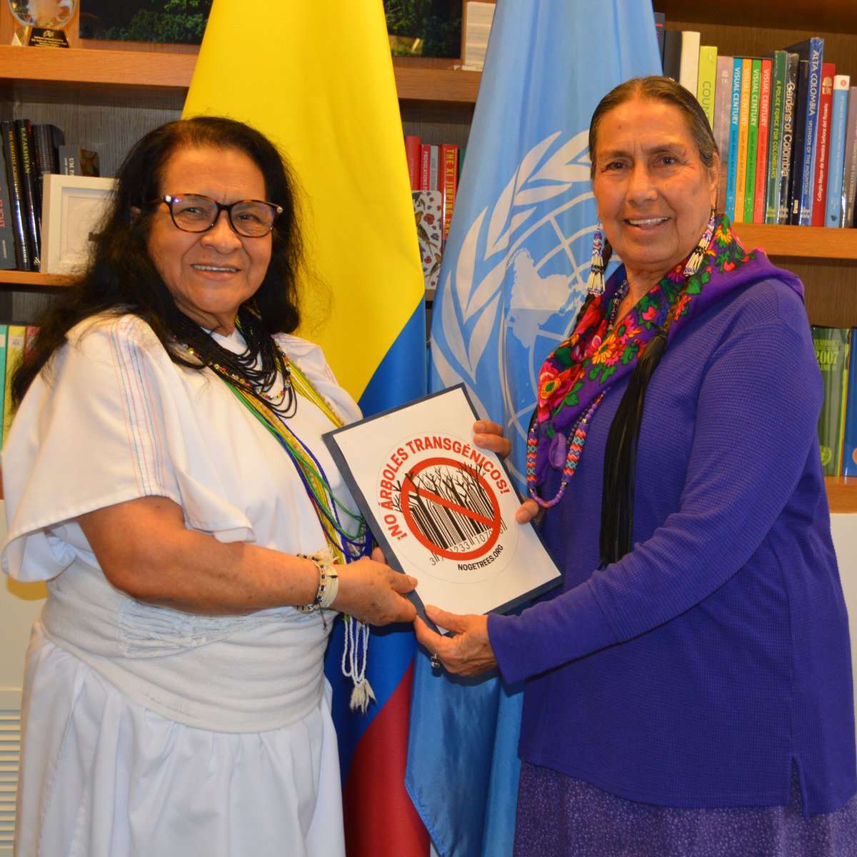 Ambassador Leonor Zalabata of Colombia to the UN receives from Ambassador for the Environment for the Ponca Nation Casey Camp-Horinek Call to Ban Genetically Modified Trees from 100 organizations and Indigenous Peoples from 30 countries during UN Climate Week Sep 27, 2024 in NY.