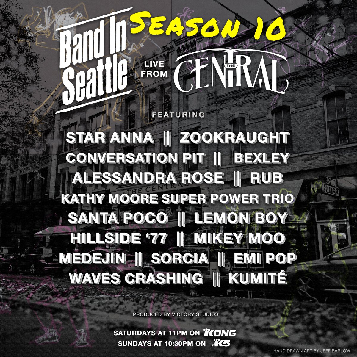 BandInSeattle's tweet image. Season 10 is happening! And this year we filmed the whole thing at @CentralSaloonWA, and we cannot WAIT to share the full season with all of you. Take a look at the killer lineup we have this year. #bandinseattle #centralsaloon #king5 #victorystudios