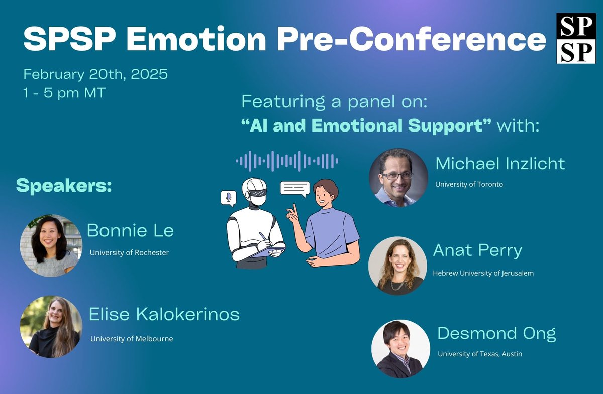 Amit Goldenberg (@amit_goldenb) on Twitter photo Submit a talk or poster to this year's Emotion Precon <a href="/SPSPnews/">Society for Personality and Social Psychology</a> (organized with Casey Brown & @adriennerwood), which will include:
talks by Bonnie Le and @EliseKalo
AND panel on AI and emotional support 🤖, with <a href="/minzlicht/">Michael Inzlicht</a>, <a href="/AnatPerry/">Anat Perry @anatperry.bsky.social</a>, and <a href="/_desmond_ong/">Desmond Ong</a>!
spsp.wufoo.com/forms/2025-pre… Submit a talk or poster to this year's Emotion Precon <a href="/SPSPnews/">Society for Personality and Social Psychology</a> (organized with Casey Brown & @adriennerwood), which will include:
talks by Bonnie Le and @EliseKalo
AND panel on AI and emotional support 🤖, with <a href="/minzlicht/">Michael Inzlicht</a>, <a href="/AnatPerry/">Anat Perry @anatperry.bsky.social</a>, and <a href="/_desmond_ong/">Desmond Ong</a>!
spsp.wufoo.com/forms/2025-pre…