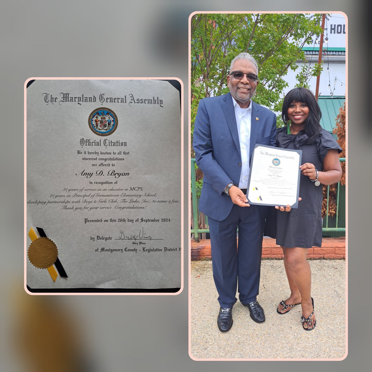 Thank you Delegate <a href="/gwimsVRF/">Greg Wims</a> for presenting me with an official citation in recognition of my recent retirement! Delegate Wims ' 39th district includes the area where Germantown ES sits.