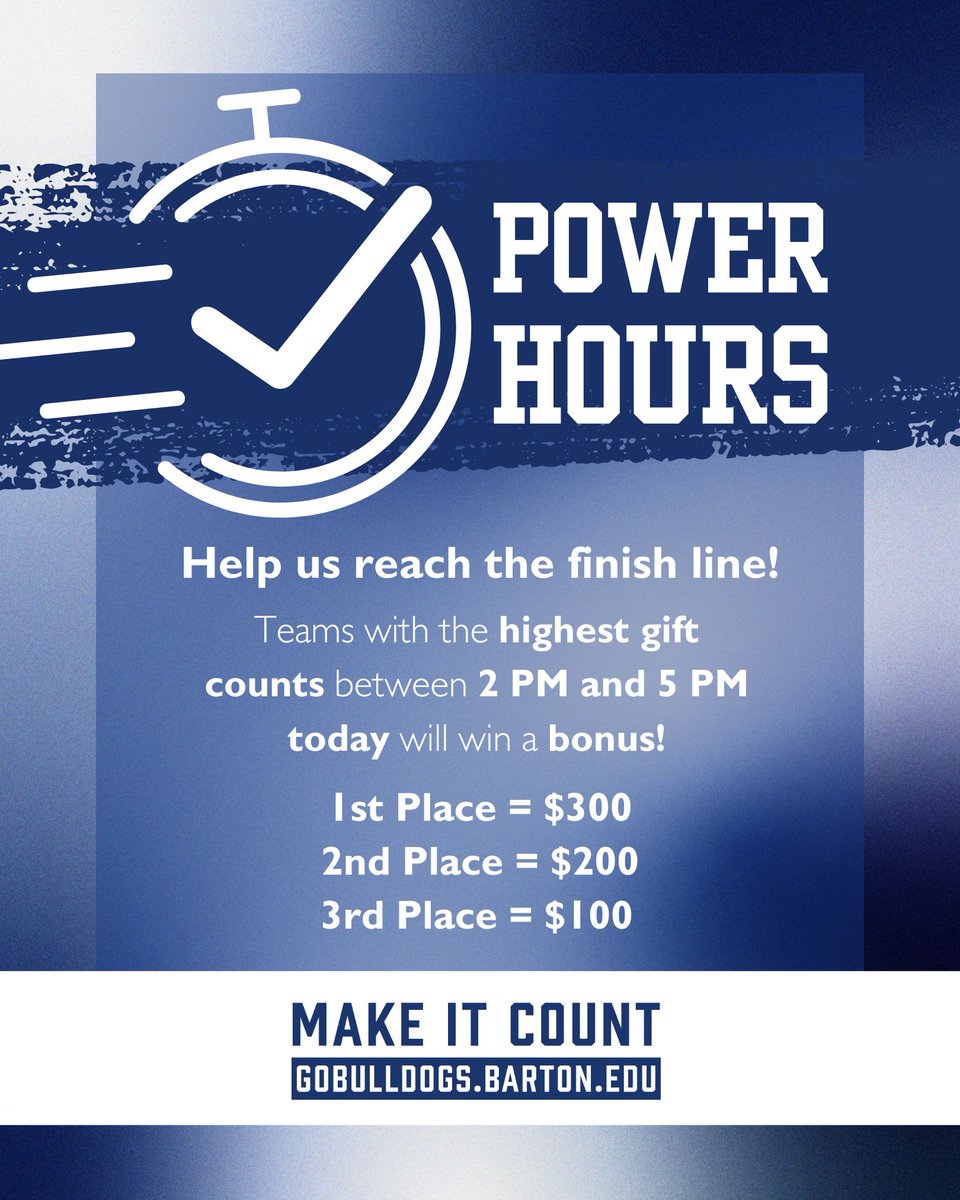 ⚡️🐾 CLASH POWER HOURS ARE HERE! . 🕰️🔥
👇
From 2⃣ p.m. to 5⃣ p.m., today, every gift packs an extra punch for our Barton Bulldogs! . 🩷🐶

This is our chance to make a BIG impact ➡️ head to gobulldogs.barton.edu &amp; support our student-athletes during these special power hours!