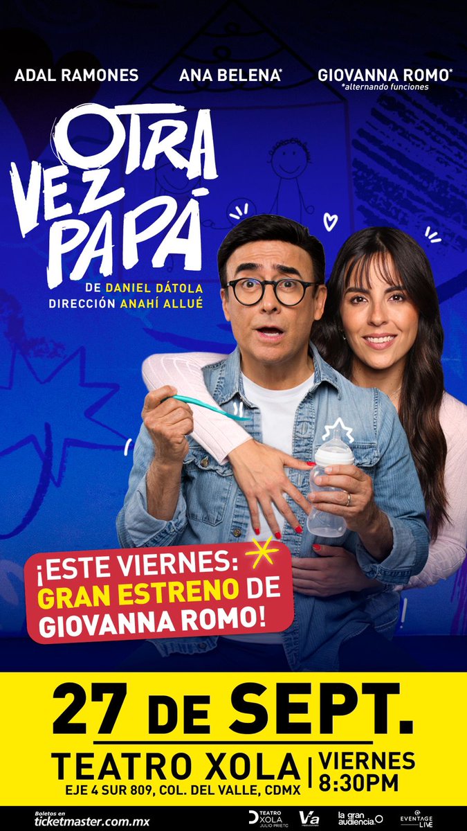 Loyolus 🎭🎬📺🎶 (@soy_loyolus) on Twitter photo Esta noche es el estreno de <a href="/GyoRomo/">Giovanna Romo</a> en la puesta en escena "Otra vez papá" junto a <a href="/AdalRamones/">Adal Ramones</a> en el <a href="/TeatroXola/">TEATRO XOLA</a> a las 8:30 p.m.
Comedia divertida y vertiginosa sobre cómo los hombres experimentan la paternidad después de los 50.
Escrita por Daniel Dátola.
Dir. <a href="/anahiallue/">Anahí Allué</a> Esta noche es el estreno de <a href="/GyoRomo/">Giovanna Romo</a> en la puesta en escena "Otra vez papá" junto a <a href="/AdalRamones/">Adal Ramones</a> en el <a href="/TeatroXola/">TEATRO XOLA</a> a las 8:30 p.m.
Comedia divertida y vertiginosa sobre cómo los hombres experimentan la paternidad después de los 50.
Escrita por Daniel Dátola.
Dir. <a href="/anahiallue/">Anahí Allué</a>
