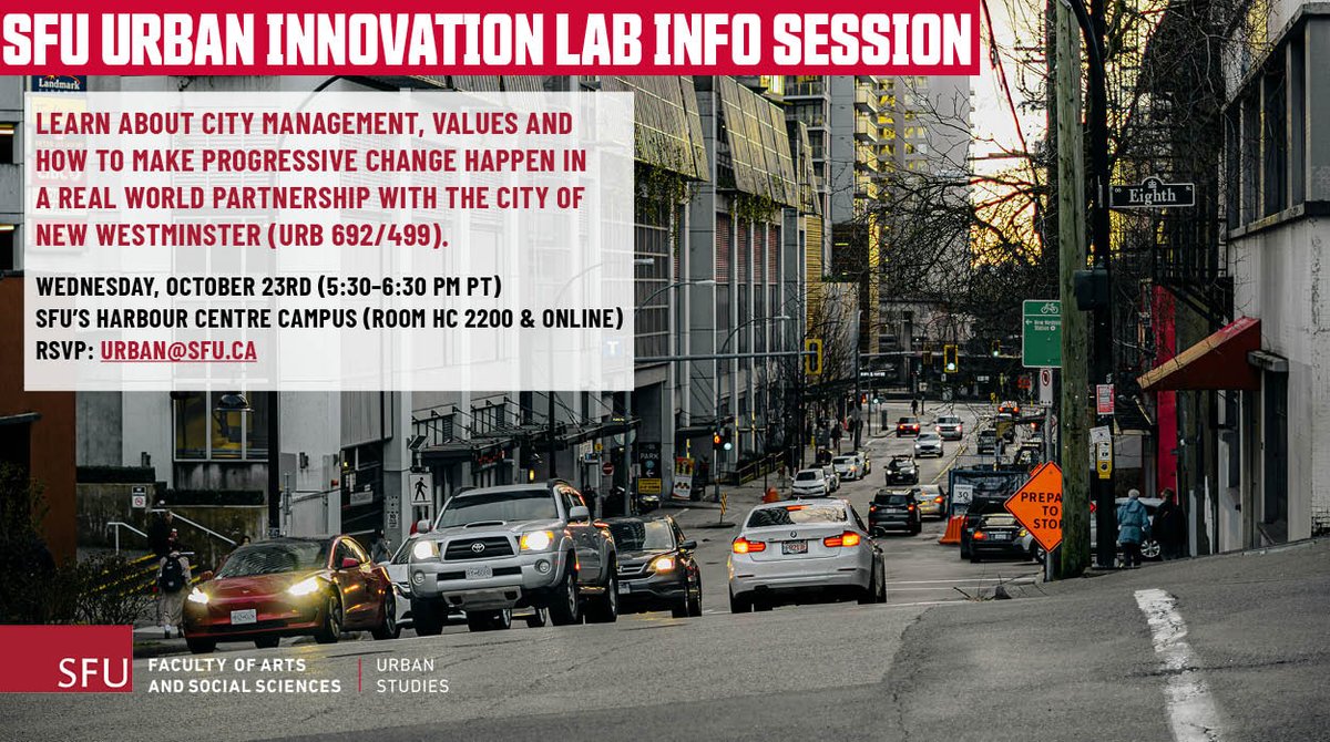 SFU Urban Studies (@sfuurban) on Twitter photo Grads & undergrads: join us for a hybrid info session for the spring 2025 course, URB 692-499 Urban Innovation Lab on Oct. 23rd (5:30 PM) at Harbour Centre & online.
RSVP: urban@sfu.ca to attend.
Learn more: events.sfu.ca/event/41733-1
<a href="/New_Westminster/">City of New Westminster</a> <a href="/SFUFASS/">SFU Faculty of Arts & Social Sciences</a> #sfuurb Grads & undergrads: join us for a hybrid info session for the spring 2025 course, URB 692-499 Urban Innovation Lab on Oct. 23rd (5:30 PM) at Harbour Centre & online.
RSVP: urban@sfu.ca to attend.
Learn more: events.sfu.ca/event/41733-1
<a href="/New_Westminster/">City of New Westminster</a> <a href="/SFUFASS/">SFU Faculty of Arts & Social Sciences</a> #sfuurb