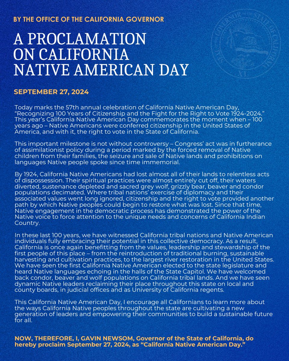 This Native American Day, we commemorate the moment when — 100 years ago — Native Americans were conferred citizenship in the U.S. &amp; the right to vote in California.

California continues to benefit from the values, leadership, and stewardship of the first people of this place.
