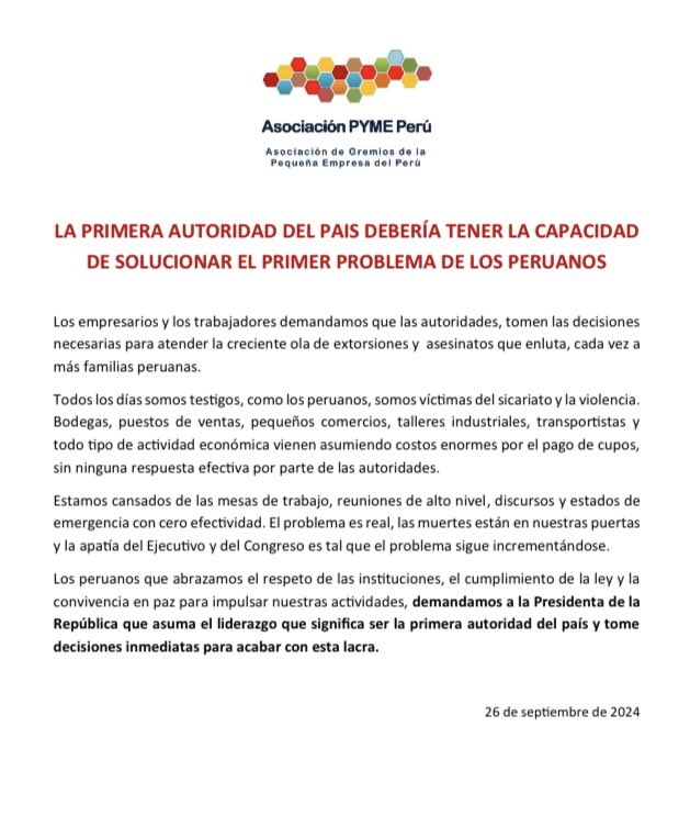 Pronunciamiento: La primera autoridad del país debería tener la capacidad de solucionar el primer problema de los peruanos