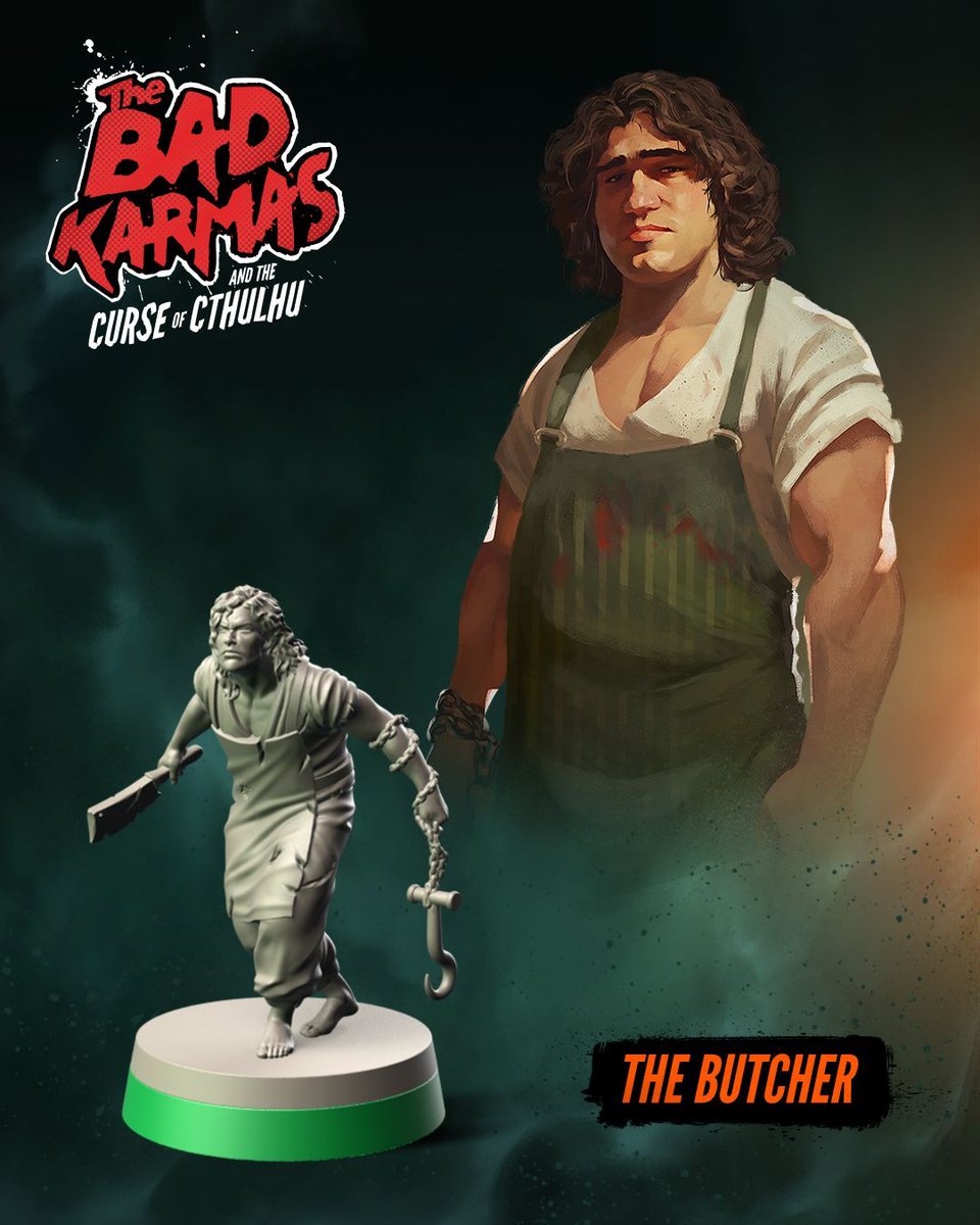 The Butcher uses his meat hook to pull enemies within range of his cleaver, exploiting their altered states. He's also quite selfish, paying no attention to his teammates.

Follow Now buff.ly/3YdIMnp

#teburu #boardgames #tabletop #thebadkarmas #cthulhu #cthulhumythos