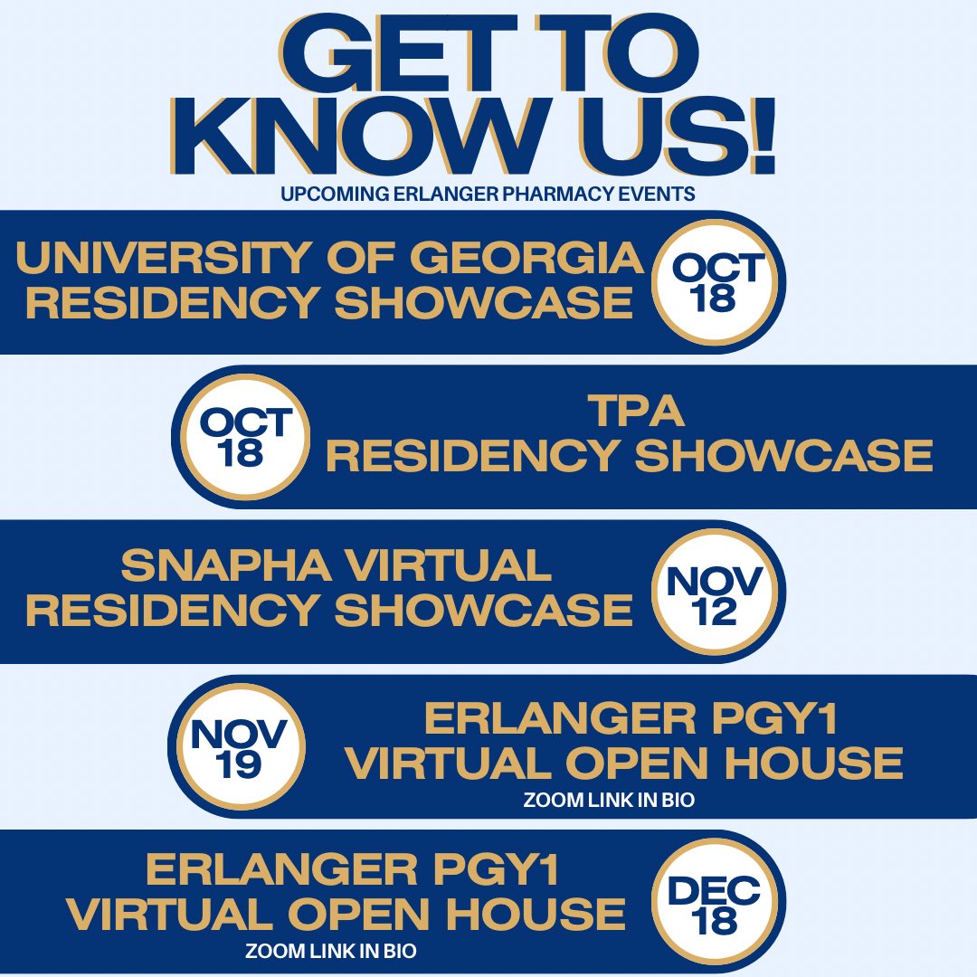ErlangerRx's tweet image. 📆 Mark your calendars!! There are lots of opportunities to learn more about our pharmacy residency programs over the next few months! We’re looking forward to meeting you 🤗