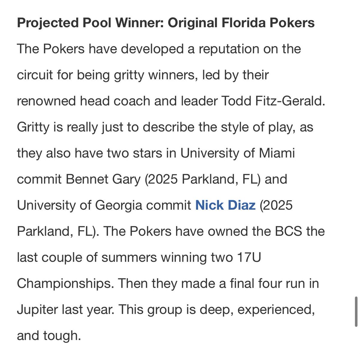 Original Florida Pokers (@orig_flpokers) on Twitter photo POOL ANNOUNCEMENT: The 2025s are in Pool J for the WWBA World Championship in Jupiter.
Thank you <a href="/PG_Tourney/">Perfect Game Tournaments</a> for the kind words. The Gritty Pokes are ready to roll. POOL ANNOUNCEMENT: The 2025s are in Pool J for the WWBA World Championship in Jupiter.
Thank you <a href="/PG_Tourney/">Perfect Game Tournaments</a> for the kind words. The Gritty Pokes are ready to roll.