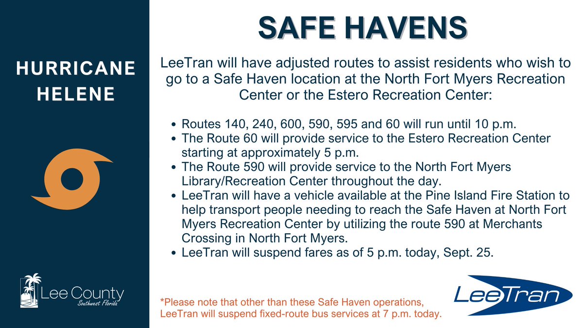 ByronDonaldss's tweet photo. 🚨ATTENTION LEE COUNTY🚨

Lee County is opening two Safe Havens for anyone who does not feel secure in their housing situation and does not have a safe place to ride out the storm. 

For more information please see below: https://t.co/8HzQBohlUc